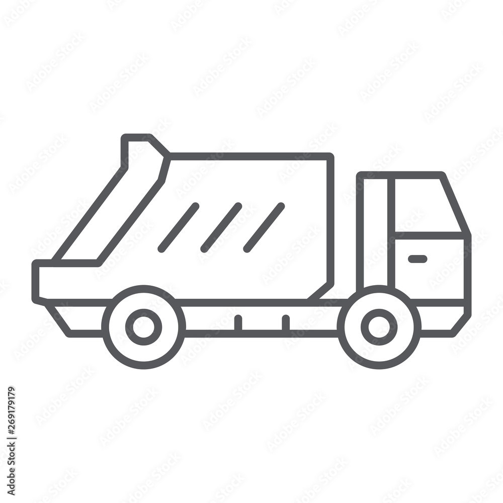 Garbage truck thin line icon, transportation and auto, waste lorry sign, vector graphics, a linear pattern on a white background. Garbage truck thin line icon, transportation and auto, waste lorry sign, vector graphics, a linear pattern on a white background.