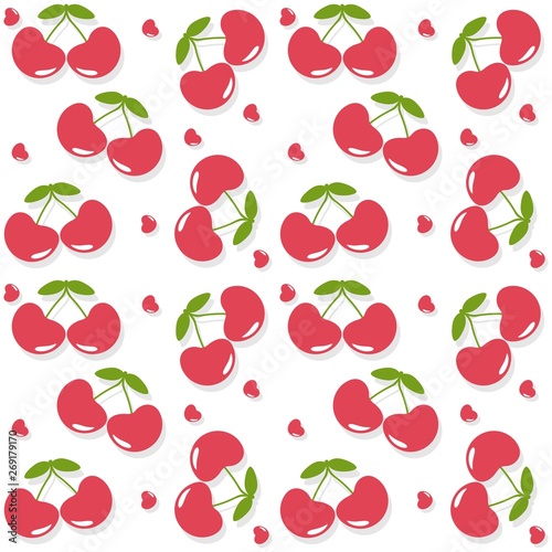 Seamless cherry pattern. Fresh summer fruit flat background with drop shadow