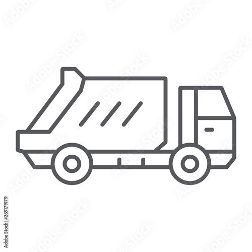 Garbage truck thin line icon, transportation and auto, waste lorry sign, vector graphics, a linear pattern on a white background.