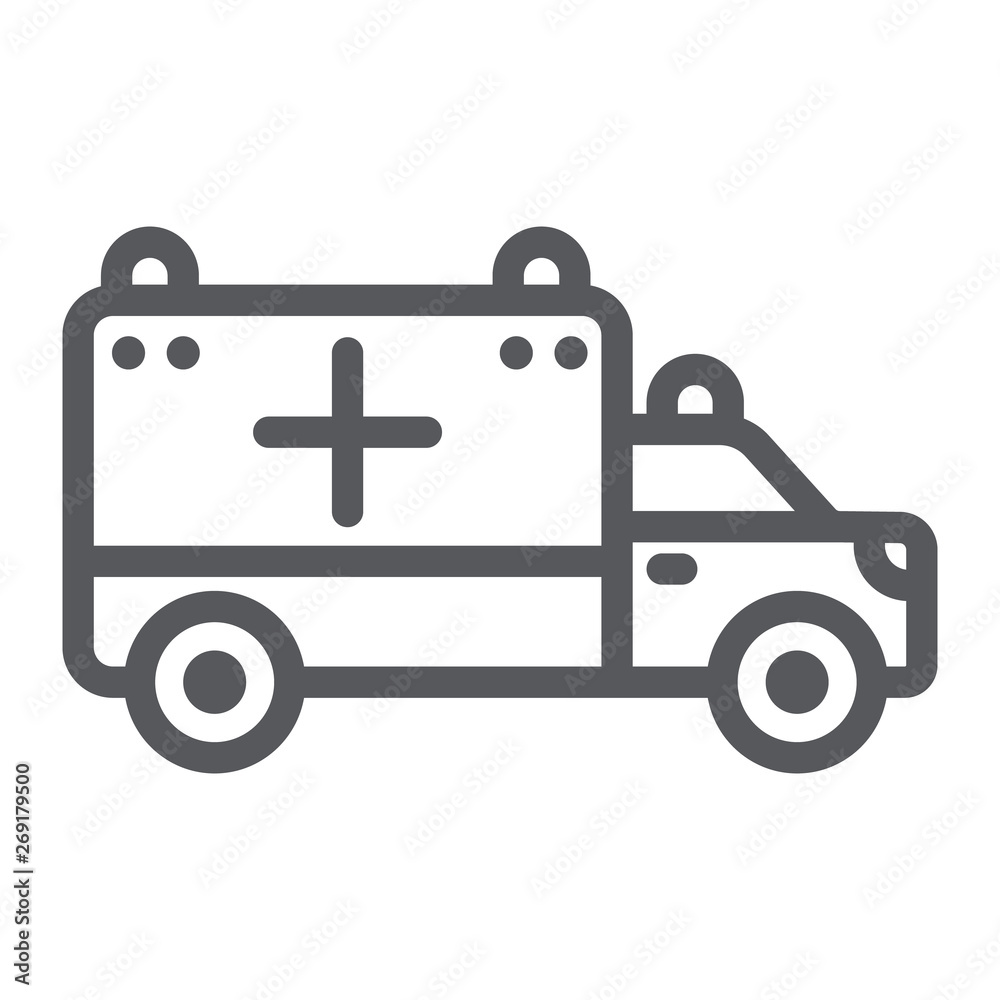 Ambulance line icon, transport and drive, emergency car sign, vector graphics, a linear pattern on a white background. Ambulance line icon, transport and drive, emergency car sign, vector graphics, a linear pattern on a white background.