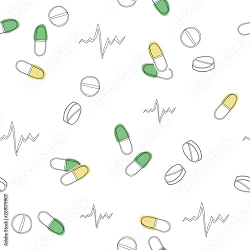 Seamless pattern of medical pills. Background made from dotted pills and capsules