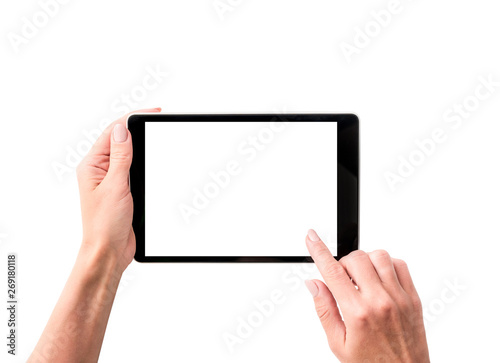 Top view of girl using tablet isolated on a white background
