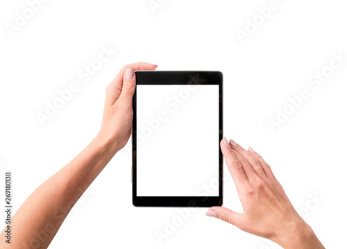 Top view of girl using tablet isolated on a white background