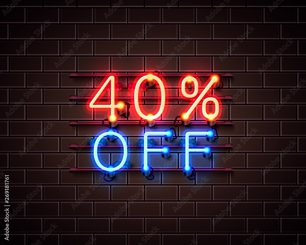 Neon 40 off text banner. Night Sign. Vector Neon 40 off text banner. Night Sign. Vector