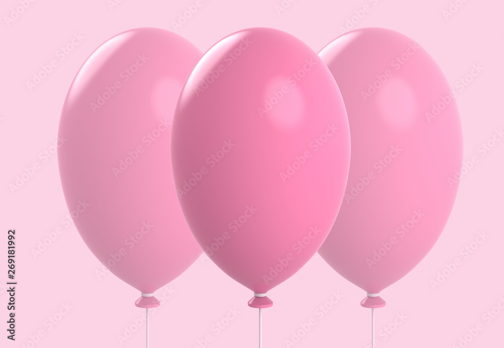 3d rendering. Three Big sweet pink balloons isolated on soft color background. Valentine love concept
