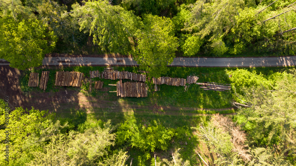 Aerial view of the woodpile logs, forest industry and construction raw material from above.