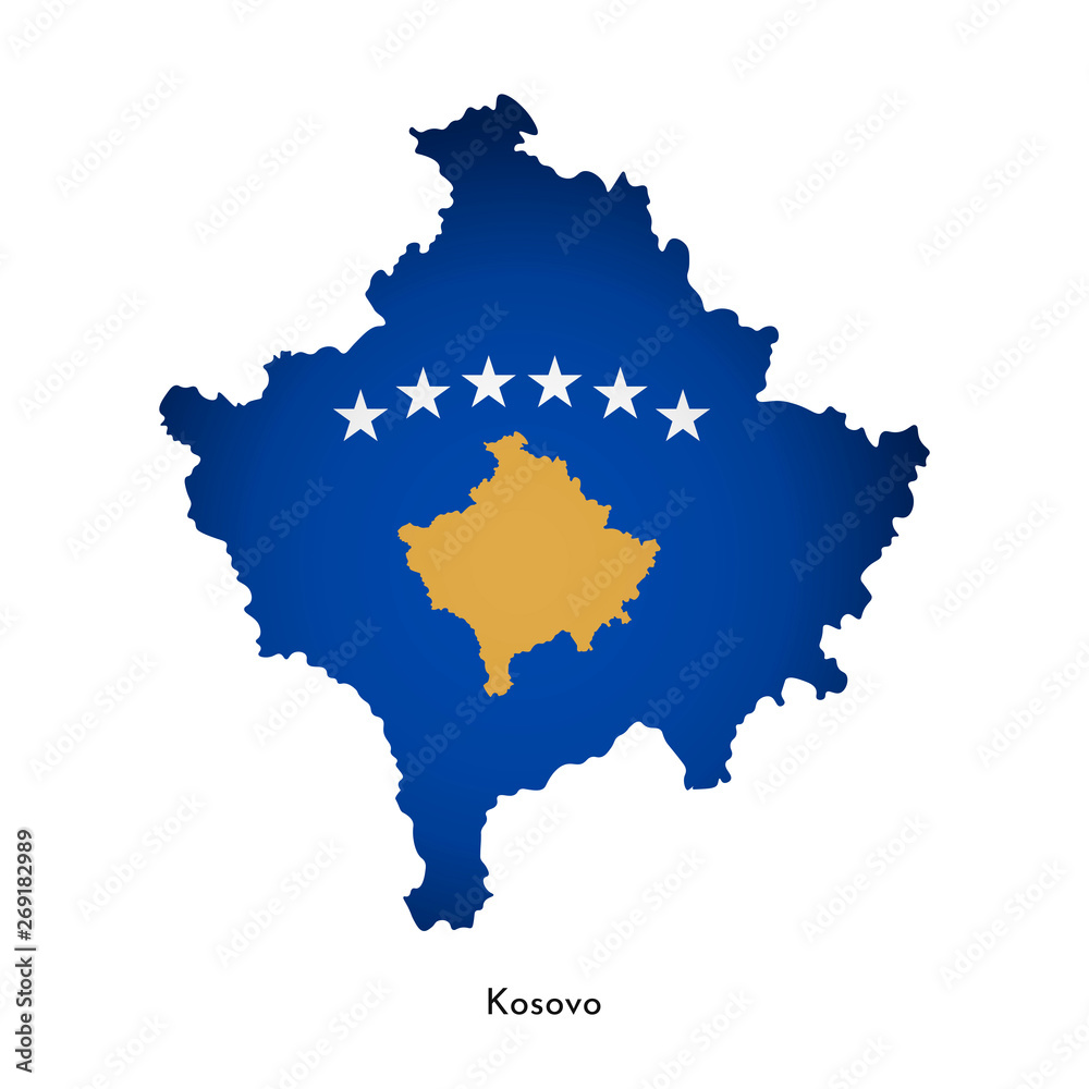 Vector illustration with Kosovo national flag with shape of this map (simplified). Volume shadow on the map
