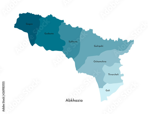 Vector isolated illustration of simplified administrative map of Abkhazia. Borders and names of the regions. Colorful blue khaki silhouettes
