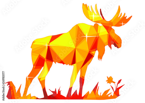 amber color, one moose stands, vector-isolated images on white background in low poly style