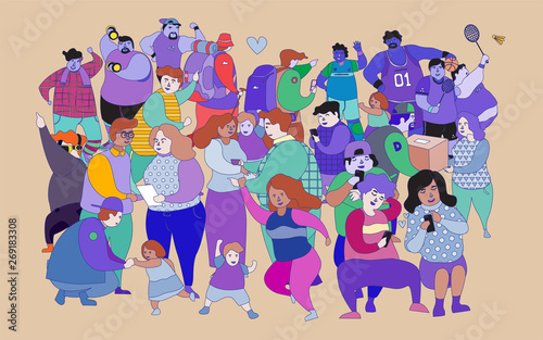 Diverse multiracial and multicultural group of people isolated on white background. Happy old and young men, women and children standing together. Social diversity. Flat cartoon vector illustration.	