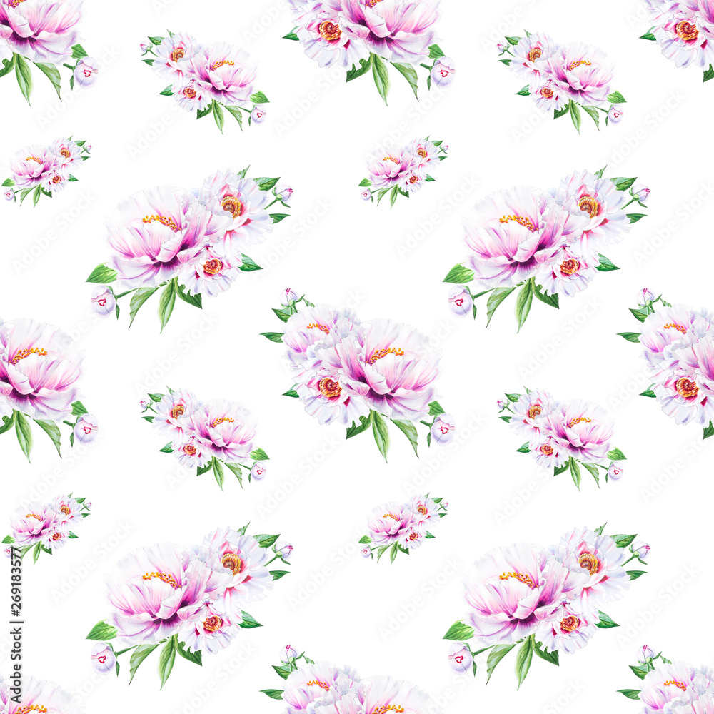 Beautiful white peony seamless pattern. Bouquet of flowers. Floral texture. Marker drawing. Watercolor painting. Wedding and birthday composition.  Flower painted background. Hand drawn illustration.