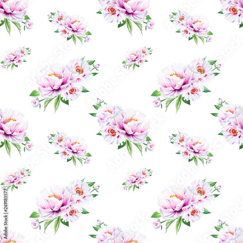 Beautiful white peony seamless pattern. Bouquet of flowers. Floral texture. Marker drawing. Watercolor painting. Wedding and birthday composition. Flower painted background. Hand drawn illustration. © Diana