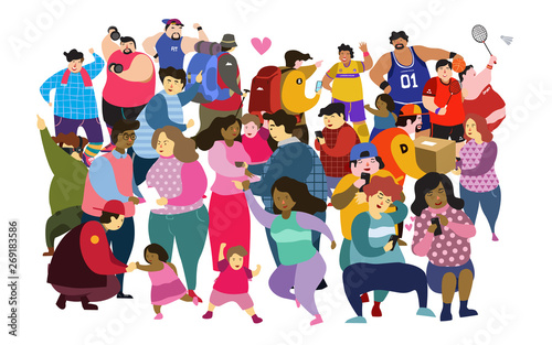 Diverse multiracial and multicultural group of people isolated on white background. Happy old and young men, women and children standing together. Social diversity. Flat cartoon vector illustration.	