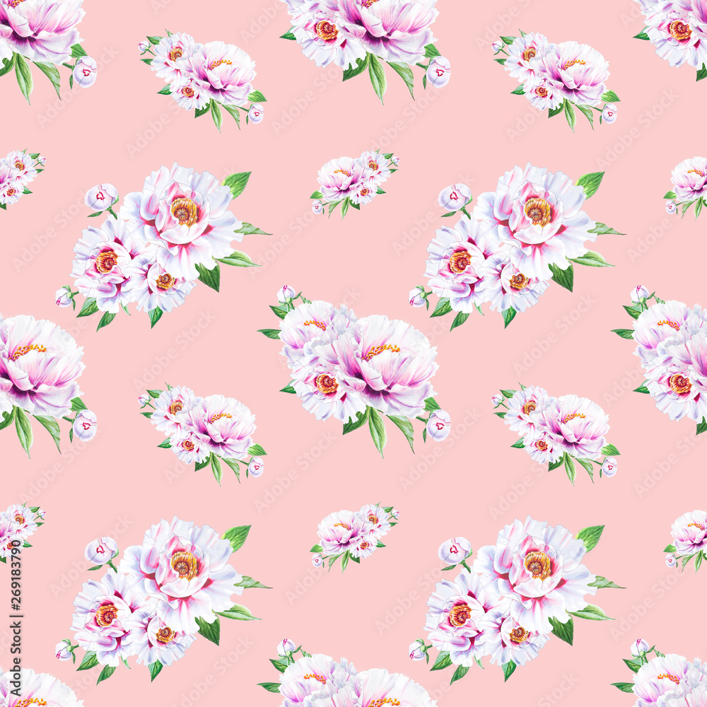 Beautiful white peony seamless pattern. Bouquet of flowers. Floral texture. Marker drawing. Watercolor painting. Wedding and birthday composition.  Flower painted background. Hand drawn illustration.