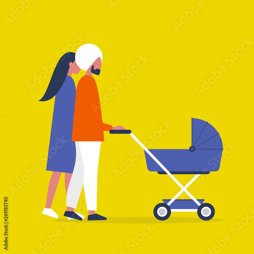 Baby carriage. Pram. A couple of characters walking with a stroller. Modern parenthood. Flat editable vector illustration, clip art