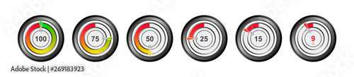 Set of vector indicator of the level of the battery, oxygen, capacity, energy. Round percentage diagrams from 9 to 100 for web design, ui or infographic.