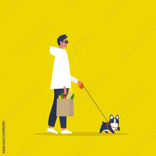 Daily routine. Modern lifestyle. Young male character holding a paper bag with groceries. Walking a dog. Flat vector illustration, clip art