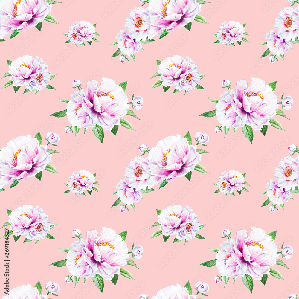 Fototapeta premium Beautiful white peony seamless pattern. Bouquet of flowers. Floral texture. Marker drawing. Watercolor painting. Wedding and birthday composition. Flower painted background. Hand drawn illustration.