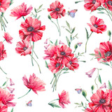 Hand painted floral seamless pattern. Watercolor botanical texture with poppy flowers and leaves. Natural objects on white background