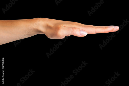 Female keep hand straight, side view. Isolated with clipping path.