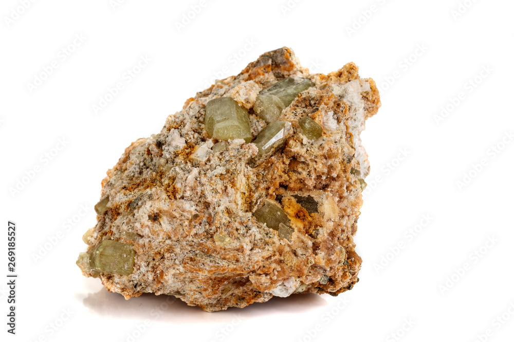 Macro stone Apatite mineral on white background Macro stone Apatite mineral on white background