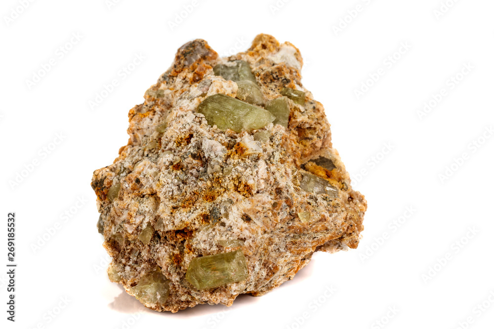 Macro stone Apatite mineral on white background Macro stone Apatite mineral on white background