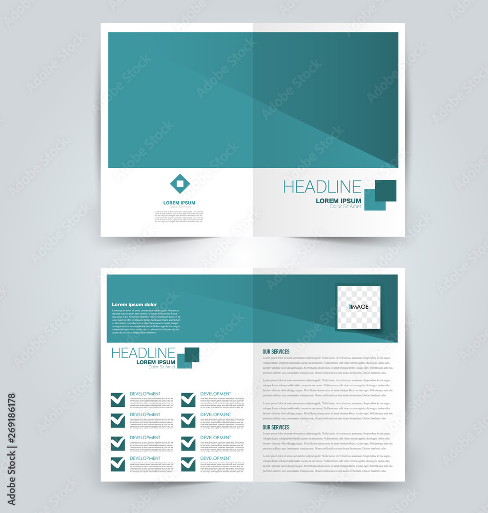 Fold brochure template. Flyer background design. Magazine or book cover, business report, advertisement pamphlet. Green color. Vector illustration.