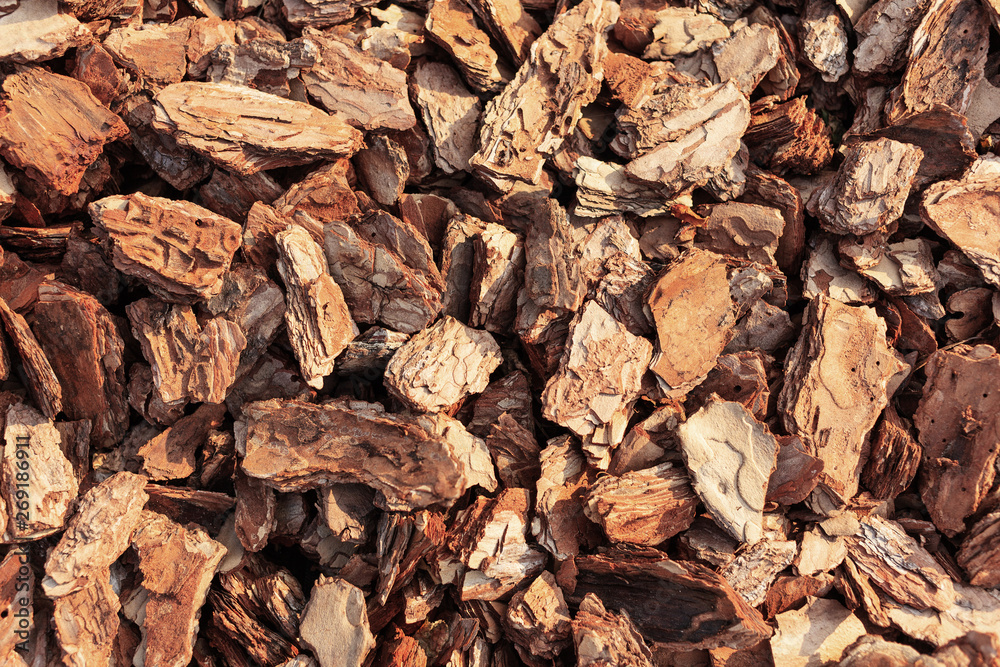 Crushed tree bark texture background closeup. Shredded brown tree bark for decoration and mulching or for playground. Crushed tree bark texture background closeup. Shredded brown tree bark for decoration and mulching or for playground.