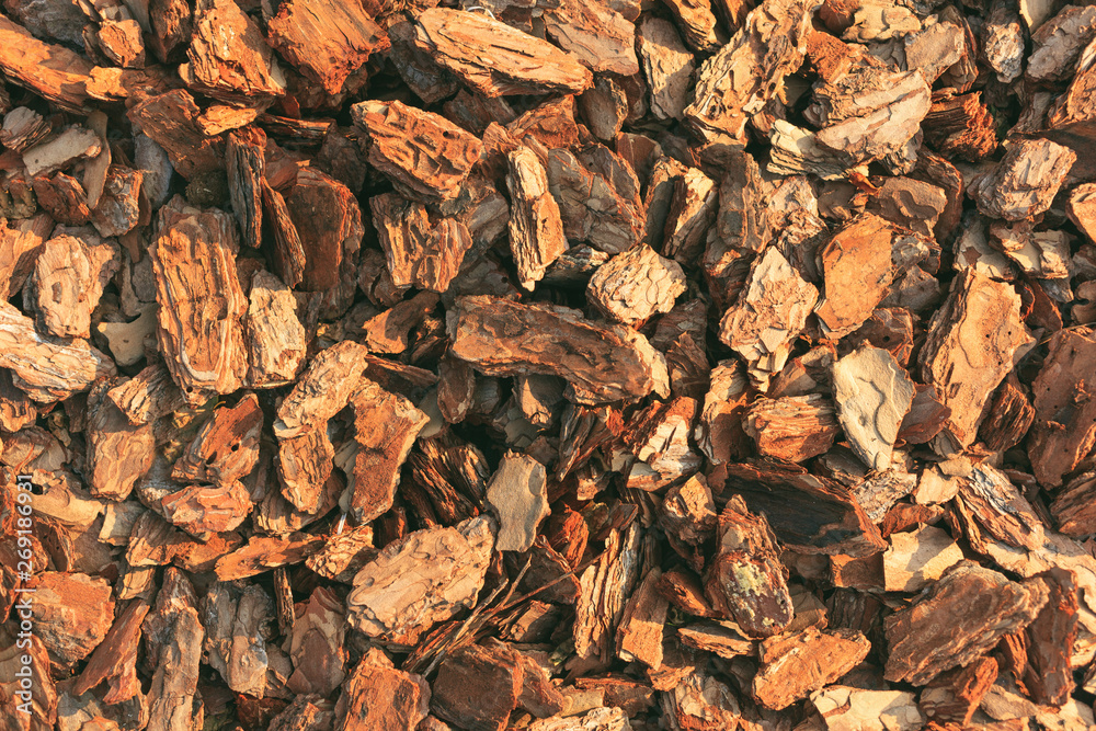Crushed tree bark texture background closeup. Shredded brown tree bark for decoration and mulching or for playground. Crushed tree bark texture background closeup. Shredded brown tree bark for decoration and mulching or for playground.