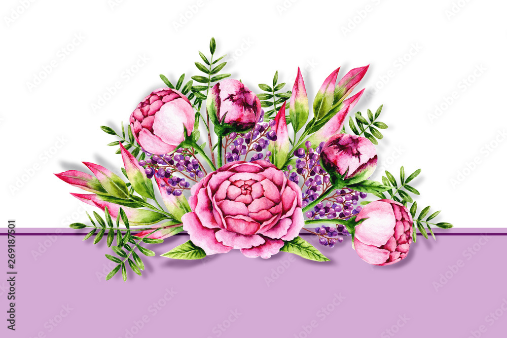 Сard with watercolor pink peonies, green sprigs and purple berries. Template with hand painted flowers and leaves perfect for wedding invitation, greeting card making, vintage design. Illustration Сard with watercolor pink peonies, green sprigs and purple berries. Template with hand painted flowers and leaves perfect for wedding invitation, greeting card making, vintage design. Illustration