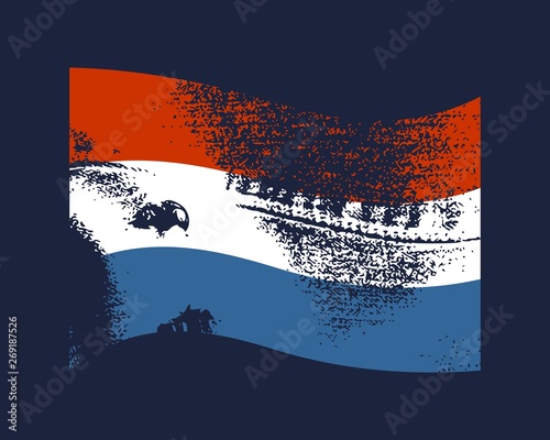Netherlands flag waved design concept. Flags collection textured in grunge style. Image relative to travel and politic themes. Rough jeans texture