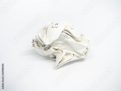 Pile of paper cash register receipts isolated on white background 