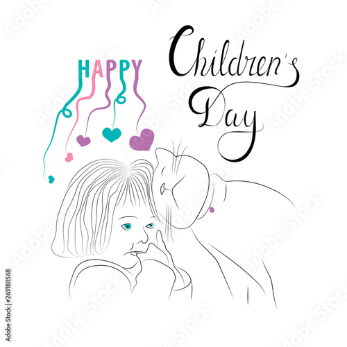 Happy children s Day text on a white background. Child and cat. Greeting card  poster