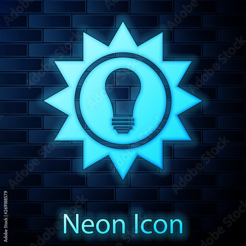 Glowing neon Solar energy panel icon isolated on brick wall background. Sun and light bulb. Vector Illustration