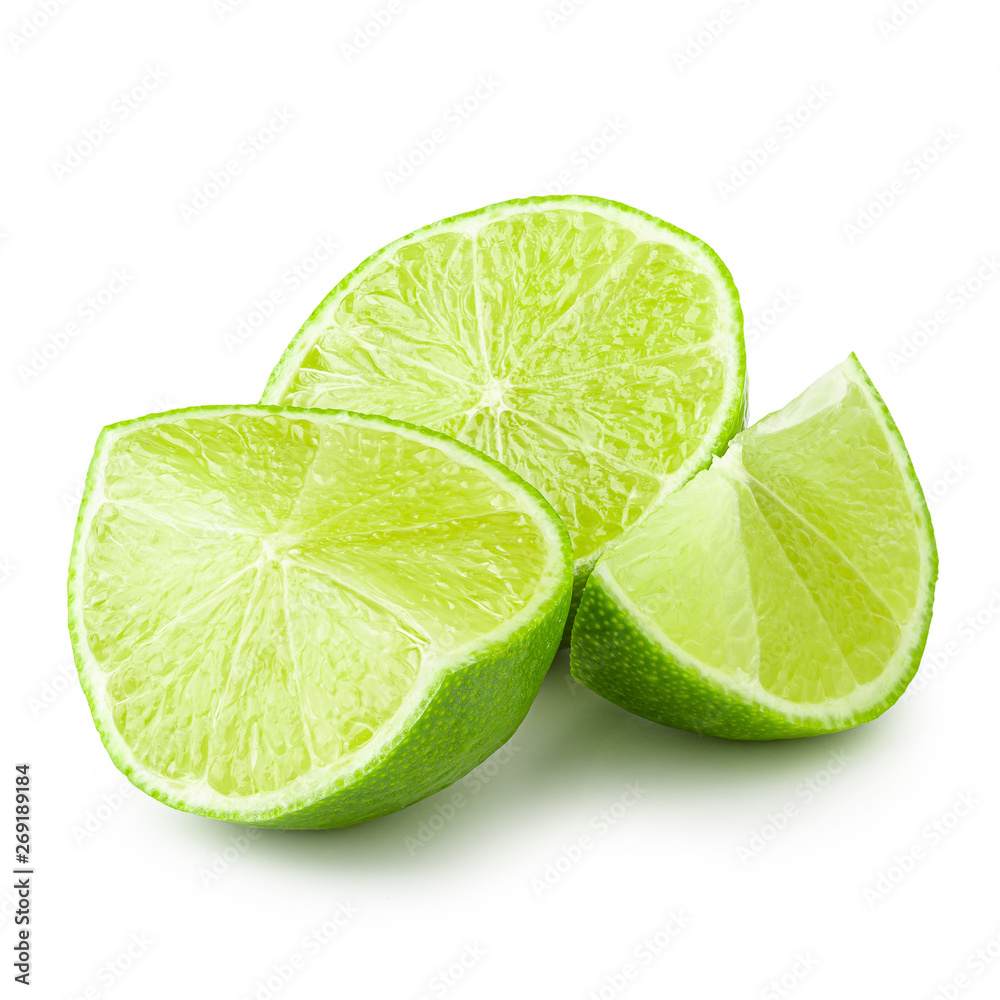 Half with slice of fresh green lime isolated on white background