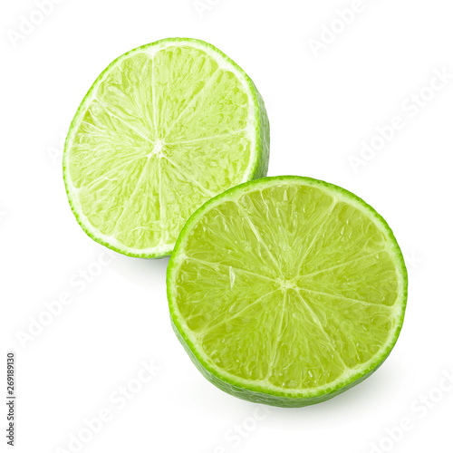 Half with slice of fresh green lime isolated on white background