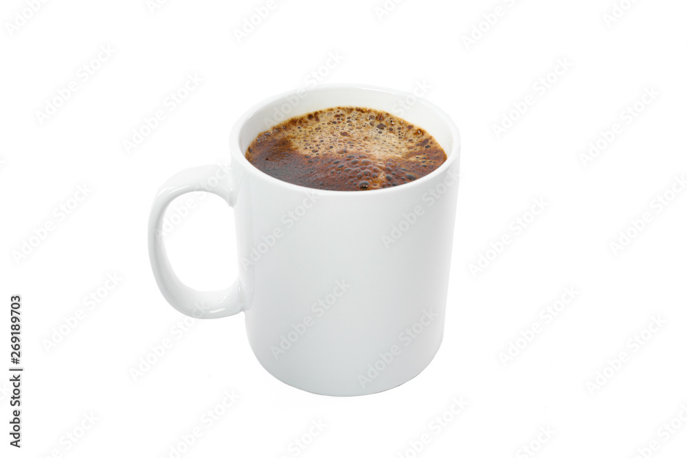 White cup of coffee isolated on white background. Coffee time accessories White cup of coffee isolated on white background. Coffee time accessories