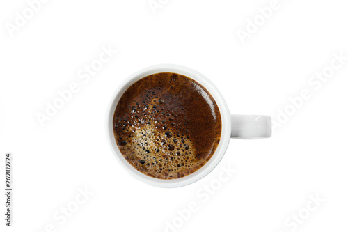 White cup of coffee isolated on white background, top view. Coffee time accessories