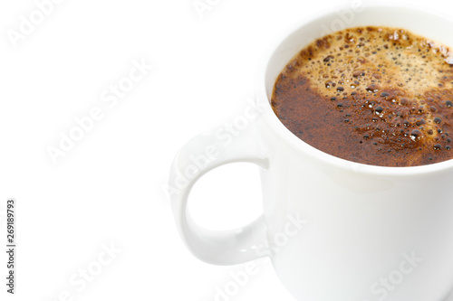 Cup of coffee with frothy foam isolated on white background. Break time