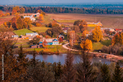 Early sunrise at the village with lake from top, Russia, Mari El