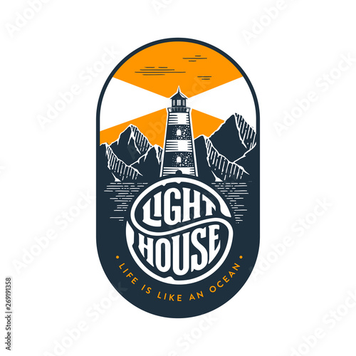 Lighthouse circle lettering oval orange Vector illustration.