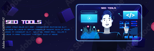 Seo digital tools. A man manages files on a futuristic neon screen. Vector flat illustration with texture