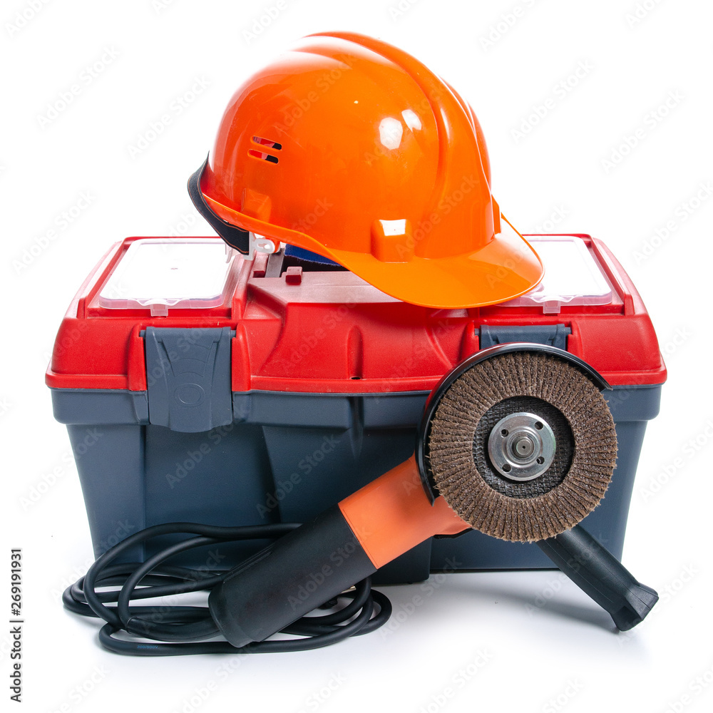 toolbox, helmet, building tools on white background isolation toolbox, helmet, building tools on white background isolation
