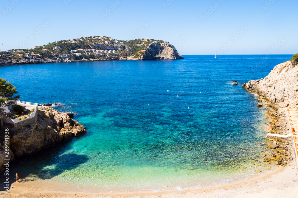 Elevated view of Cala Fonoll beach in north west of Majorca