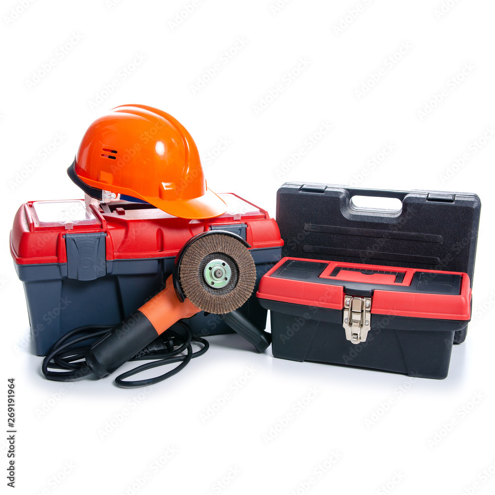toolbox, helmet, building tools on white background isolation toolbox, helmet, building tools on white background isolation
