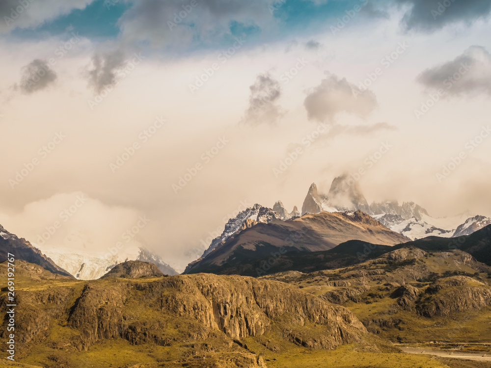 View of the Fitz Roy mountain from the Mirador de los Condores in the Glacier National Park in El Chalten, Argentina