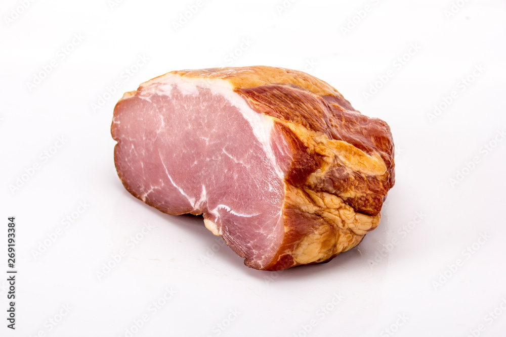 Smoked ham with fat. Cold meat on a white background. Smoked ham with fat. Cold meat on a white background.