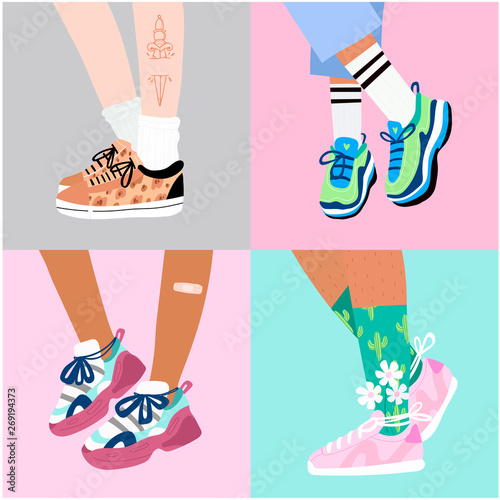 Set of four pairs of female or male legs in the sneakers. Cool bright sport footwear. Stylish platform shoes. High socks and flowers. Hand drawn vector colored trendy illustrations. Flat design