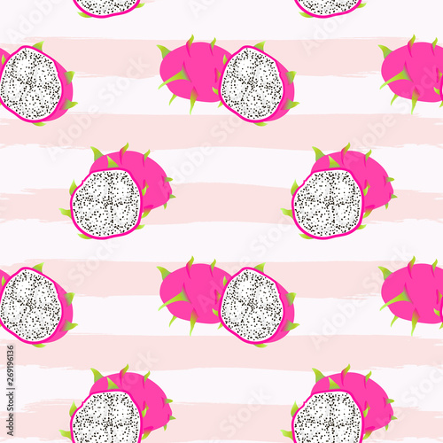 Vector seamless pattern with dragon fruit on grunge brush stroke backdrop. Exotic summer background. For restaurant or cafe menu, design banners, wrapping paper, print on clothes, wallpaper.