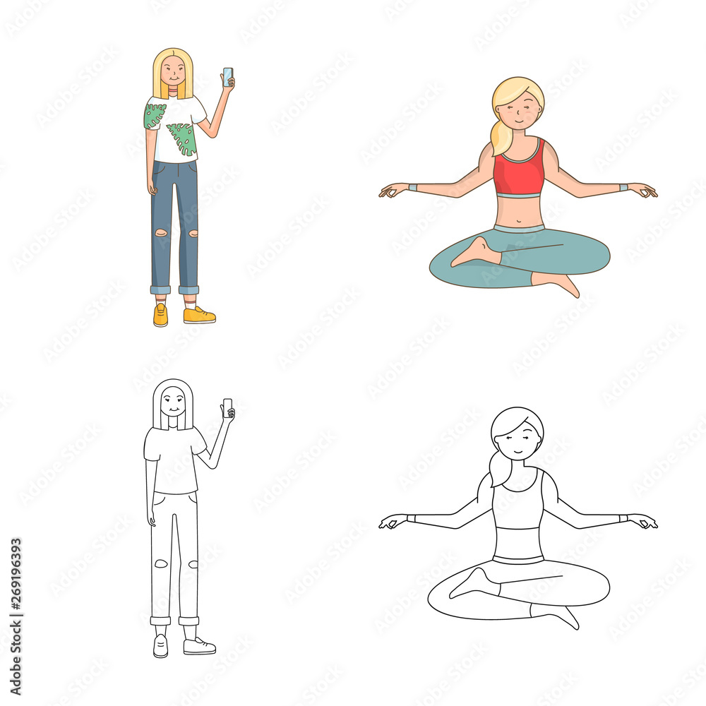 Vector illustration of posture and mood icon. Set of posture and female stock symbol for web. Vector illustration of posture and mood icon. Set of posture and female stock symbol for web.